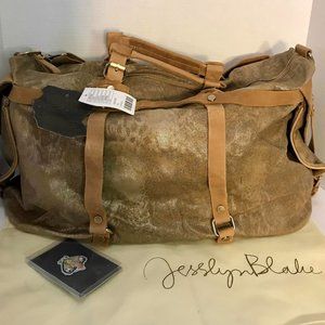 Anthropologie Jesslyn Blake Canvas Leather Trim Duffle  Weekendr Tote Bag Unisex
